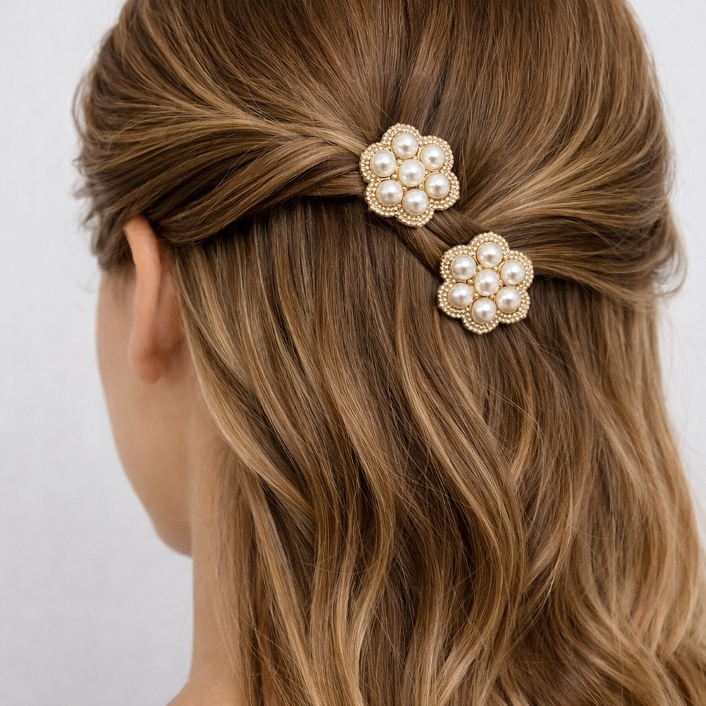 4pcs Gold Tone Flower Hair Clips Faux Pearl Embellished Barrette Accessory